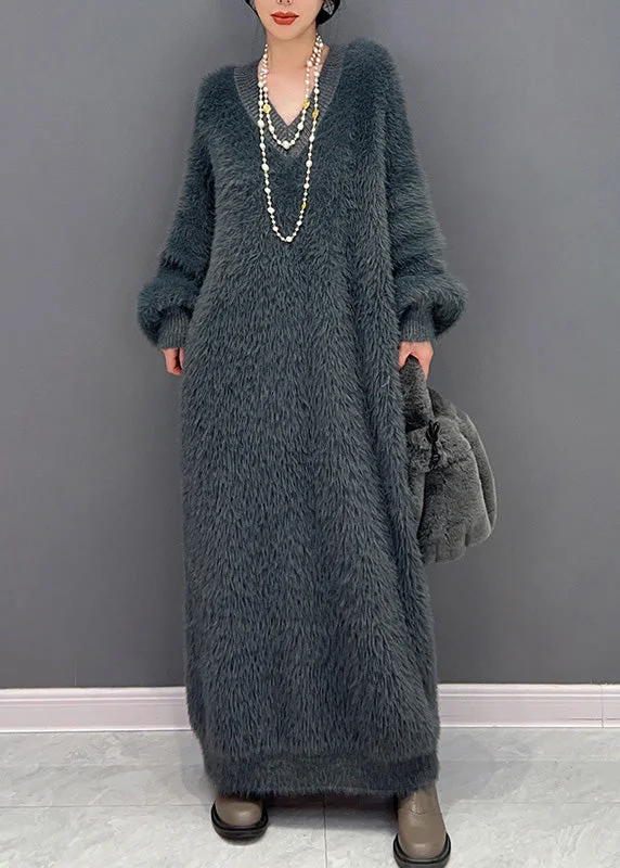 Women's Stylish Casual Garments Soft Textures Modern Dark Gray V Neck Mink Velvet Knit Ankle Dress Winter