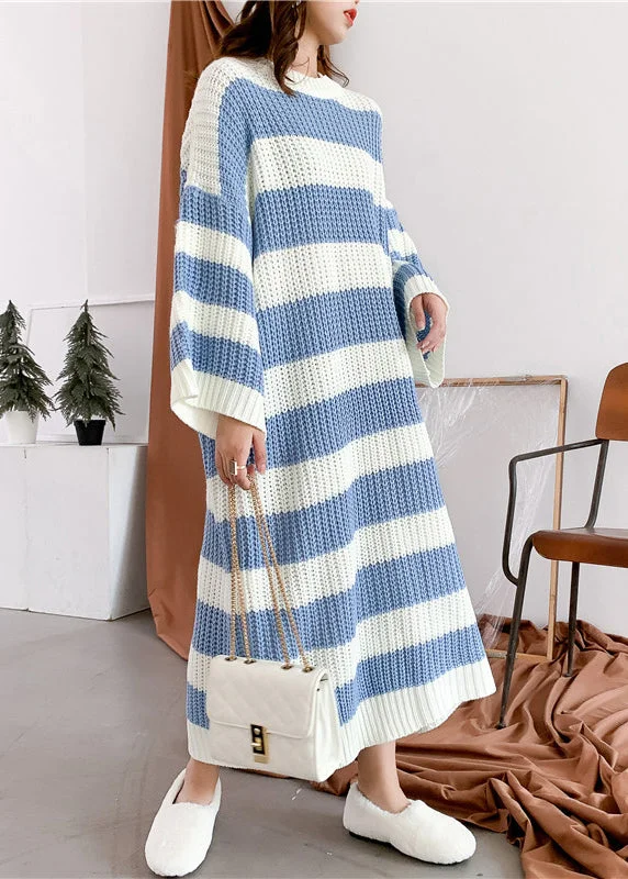 Women's Night-Out Outfit Trendy Clothing Sale Loose Blue O Neck Striped Knit Sweater Dress Spring