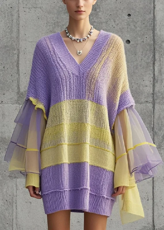 Modern Women's Apparel Casual Weekend Relaxed Style Simple Purple V Neck Patchwork Tulle Sweater Dress Fall