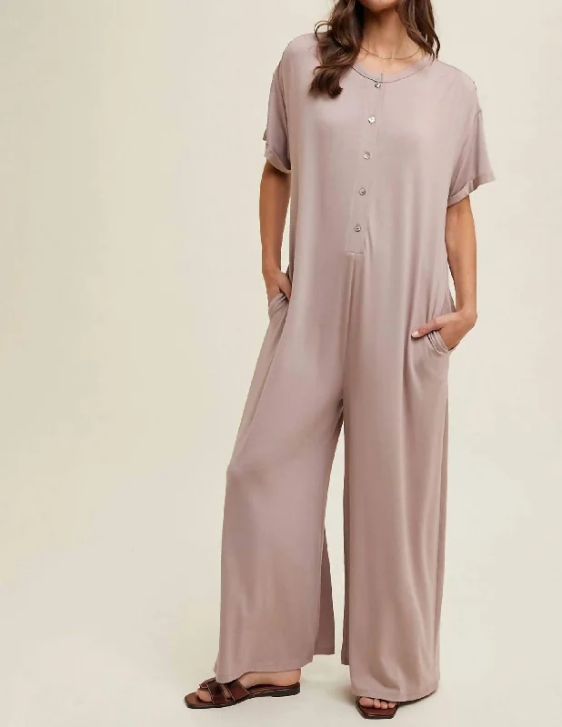 Women's Comfy Attire For Lounging Elegant Style Wide Leg Jumpsuit In Beige