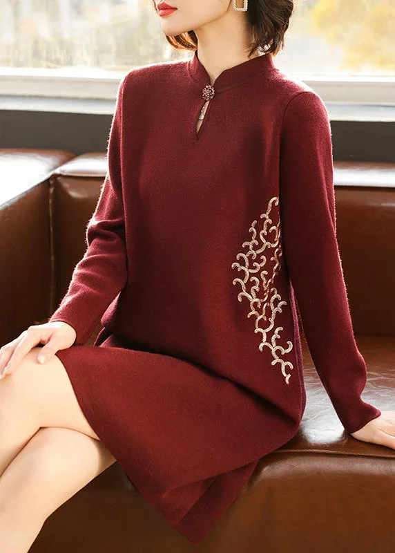 Women's Cozy Outfit For Lounging Final Sale Classy Mulberry Stand Collar Wool Mid Knit Dress Spring