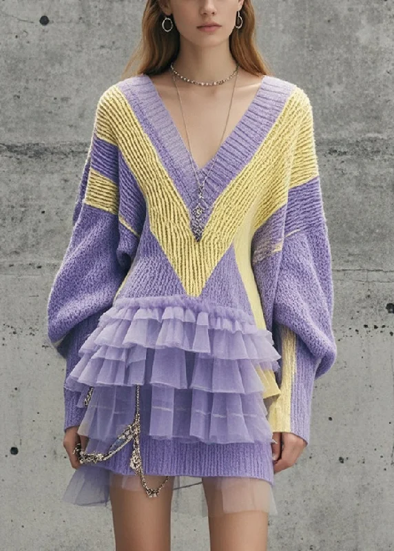 Women's Seasonal Garments Flowing Silhouette Modern Lavender V Neck Patchwork Tulle Long Sweater Fall