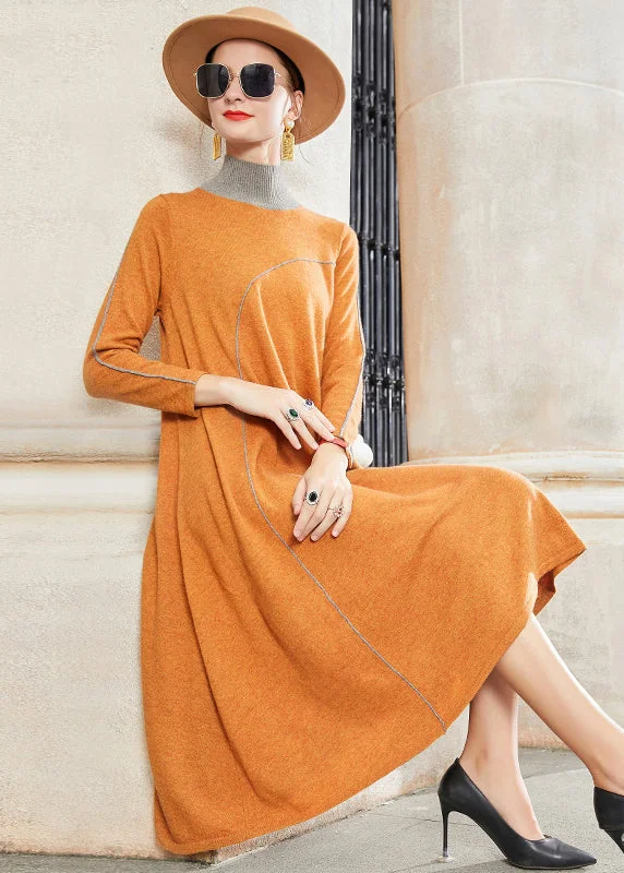 Women's Versatile Apparel Weekend Special Elegant Yellow Stand Collar Patchwork Woolen Dresses Fall