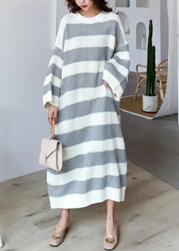 Women's Relaxed Outfit Season Transition Versatile Wear Clearance Grey Hollow Out Patchwork Knit Dress O Neck Spring