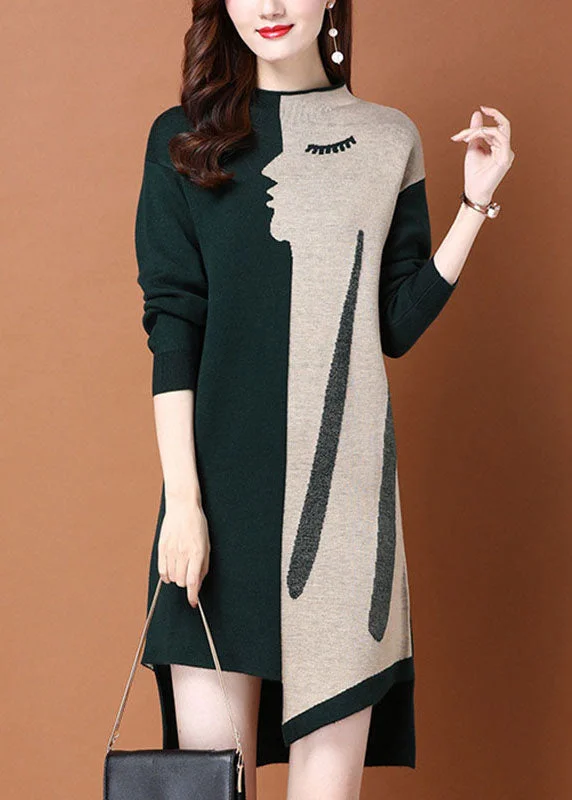 Elegant Clothing For Women Big Savings Fashion Green Patchwork asymmetrical design slim fit Fall Sweater Dress