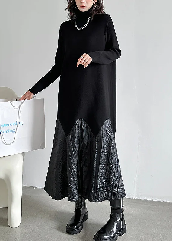 Women's High-Fashion Garments Polished Finish Fashion Black High Neck Patchwork Knit Long Dresses Spring