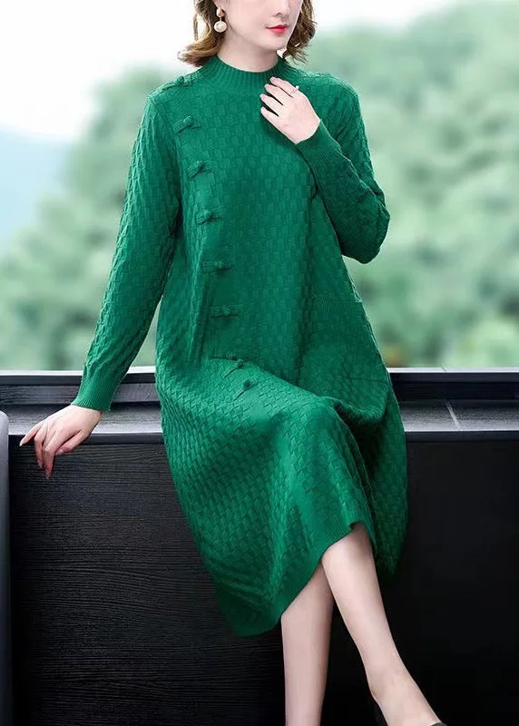 Women's Active Garments For Workouts Dreamy Aesthetic Loose Green Pockets Solid Woolen Sweater Dress Winter