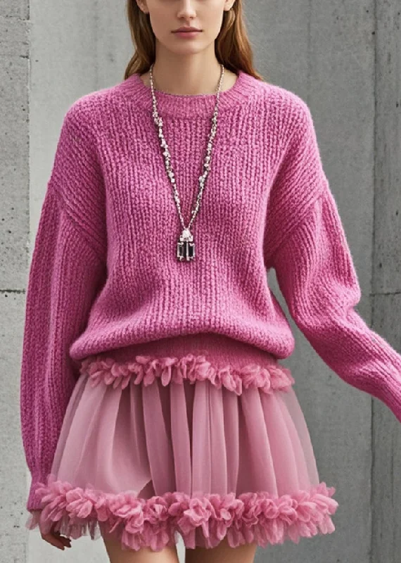 Stylish Women's Garments For Holidays Urban Sophistication Stylish Rose Ruffled Patchwork Tulle Knit Sweater Dress Fall