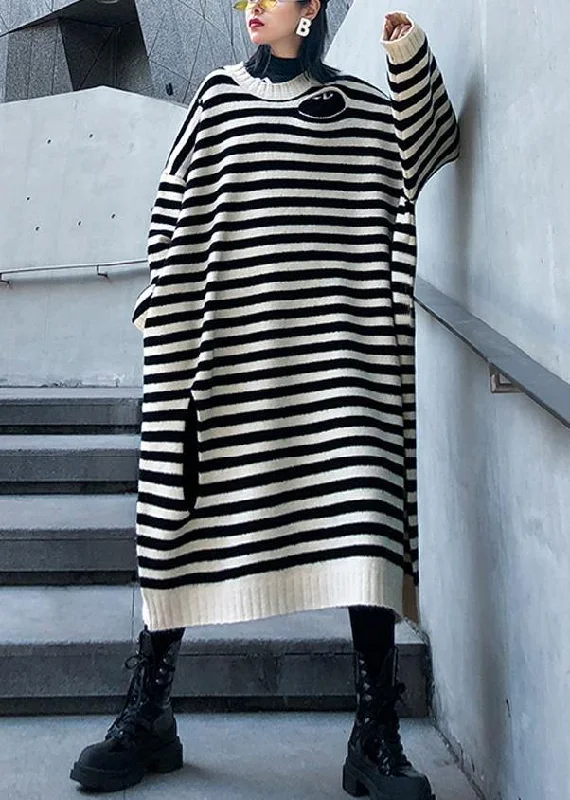 Fashionable Women's Outfit Hot Styles Women beige striped Sweater outfits Design o neck Hole DIY sweater dresses