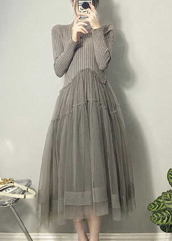 Women's Formal Event Outfit Fashion Deal Beautiful Grey Asymmetrical Tulle Patchwork Long Dresses Fall