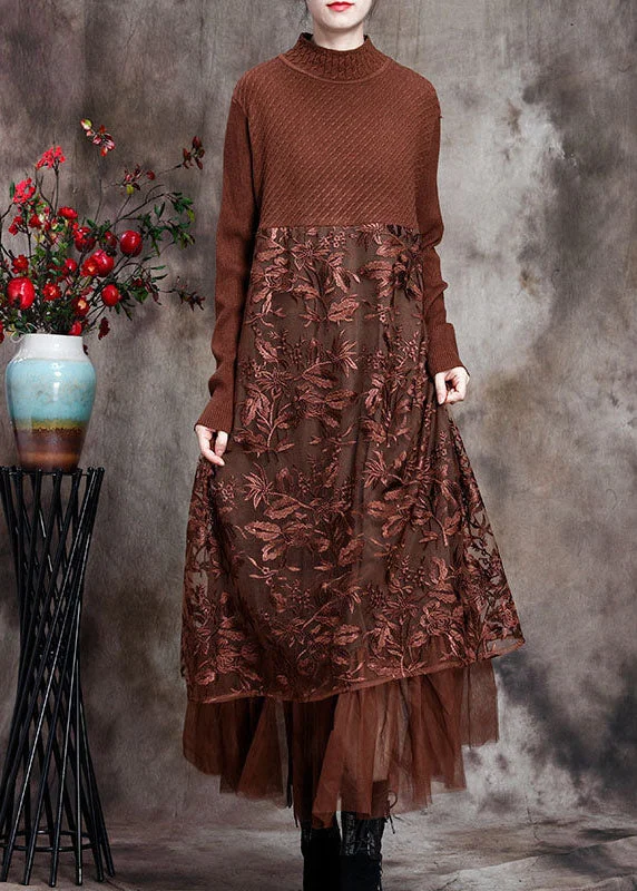 Women's Tailored Outfit Unbeatable Prices Chocolate O-Neck Embroideried Patchwork Fall Long Knit Dress