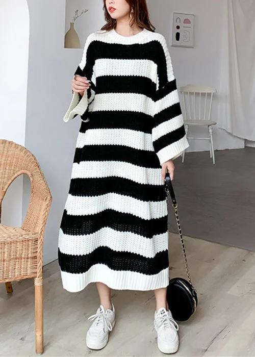 Women's Vacation Outfit Set Exquisite Women's Wear Sale French Black Striped Cozy Knit Long Sweater Batwing Sleeve