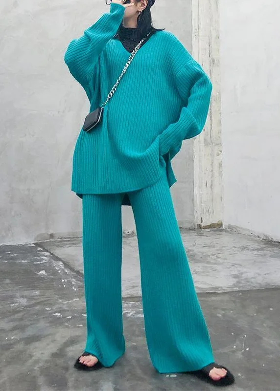 Fashionable Women's Clothes Spring Fling Sale Autumn and winter suit 2024 new women's fashion knitted wide leg pants blue green two piece