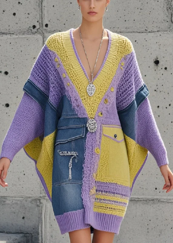 Women's Weekend Outfit Budget-Friendly Fashion Elegant Purple Asymmetrical Patchwork Denim Long Sweater Batwing Sleeve