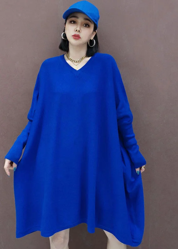 Women's Chic Outerwear Garments Feminine Charm Plus Size Blue Loose Knit Dresses Spring