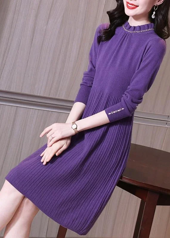 Women's Romantic Outfit Unbeatable Prices Fine Purple Ruffled Patchwork Cotton Knit Mid Sweaters Dress Spring