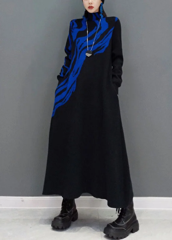 Comfortable Women's Clothes Buy More, Save More Women Blue Turtle Neck Knit long Dress Spring