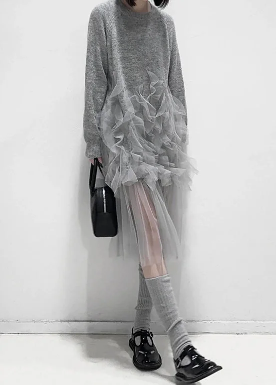 Women's Comfortable Lounge Outfit Fashion-Forward Art Grey Ruffled Solid Tulle Patchwork Knit Dress Fall