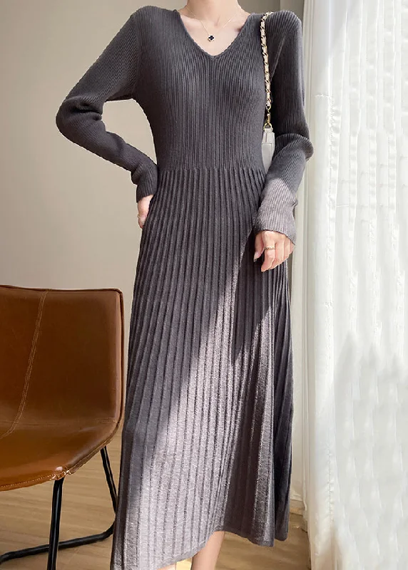 Women's Relaxed Clothes Fashion-Forward New Dark Gray V Neck Wrinkled Knit Sweater Dress Spring