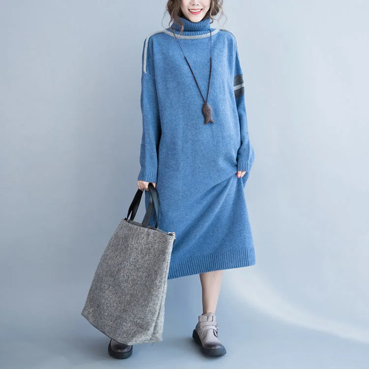 Comfortable Outfit For Women Top Brand Discounts New light blue long sweaters plus size clothing patchwork winter dress high neck pullover sweater