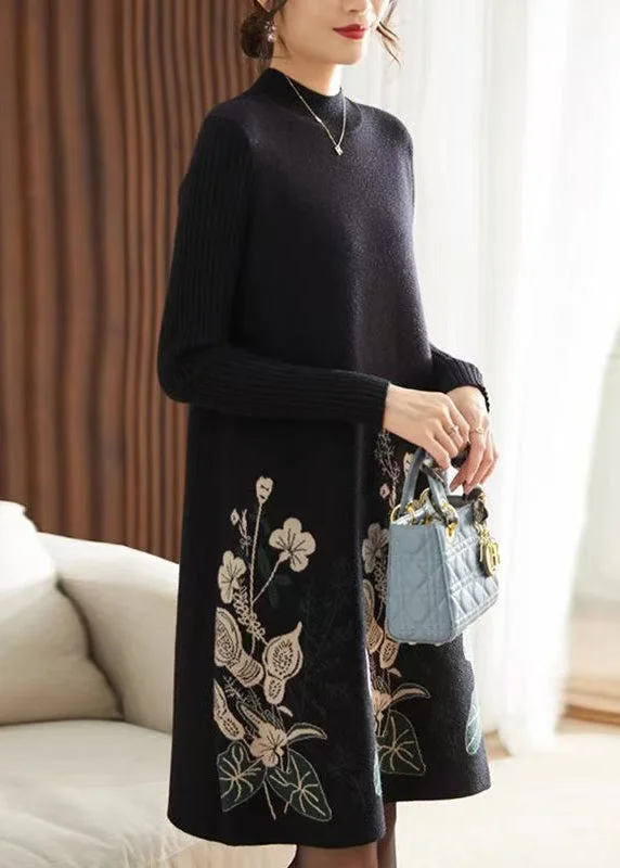 Women's Date Night Outfit Limited Time Offers Classy Black O Neck Print Knit Long Sweater Dress Spring