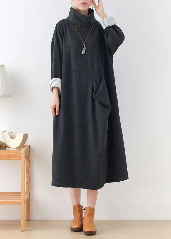 Women's Clothing For Special Occasions Wardrobe Upgrade Art Grey Pockets Patchwork Fall Long Sleeve Robe Dresses