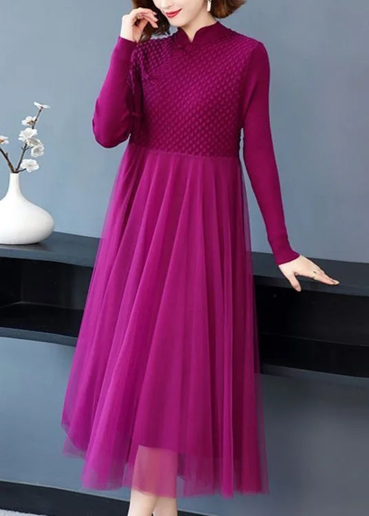 Vintage-Inspired Garments Feminine Allure Loose Rose Button Tulle Patchwork Long Sweater Dress Fall