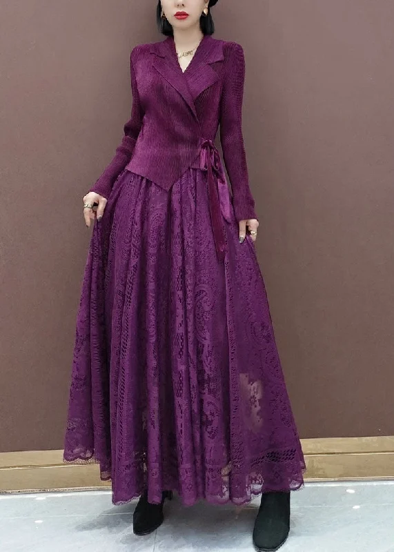 Casual Clothing For Women Fashion For Every Occasion Fitted Purple tie waist Peter Pan Collar Knit tops lace skirts Sets two Pieces Spring