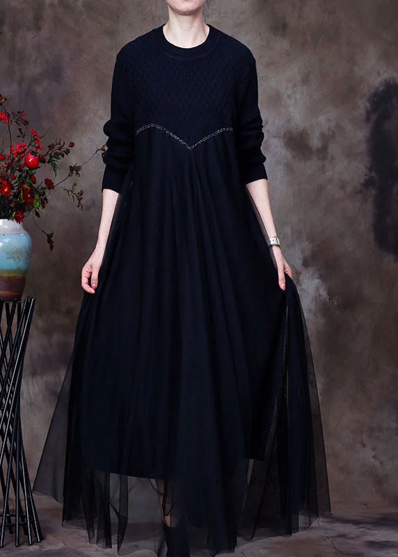 Women's Plus-Size Clothes Flash Deals Classy Black Knit Patchwork Fall Sweater Dress