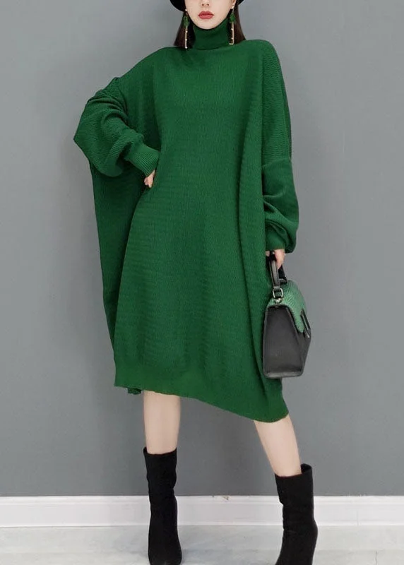 Women's Elegant Evening Attire Elegant Attire Plus size Green Turtle Neck Knit Sweater dresses Batwing Sleeve