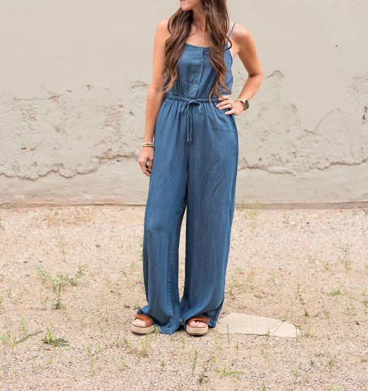 Women's Chic Outerwear Attire Exclusive Discount Tencel Sleeveless Button Front Wide Leg Jumpsuit In Denim Blue