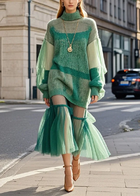 Women's Chic Apparel Chic Urban Fashion Look Bohemian Green High Neck Patchwork Tulle Knitted Dress Fall