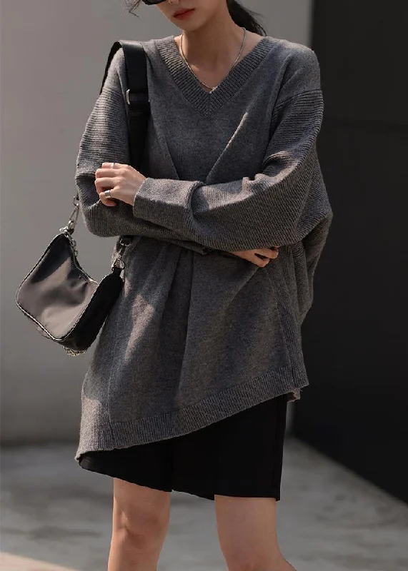 Women's Seasonal Apparel Chic Allure Women fall dark gray sweaters oversized v neck Blouse