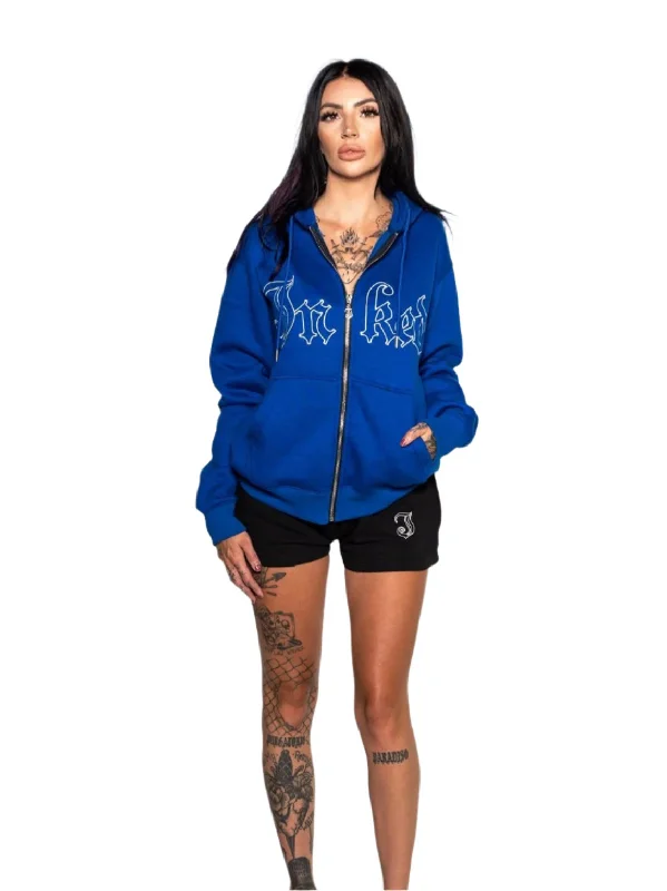 Women's Night-Out Clothes Chic Trends Unveiled Women's Inked Embroidered Zip Up Hoodie - Blue/White