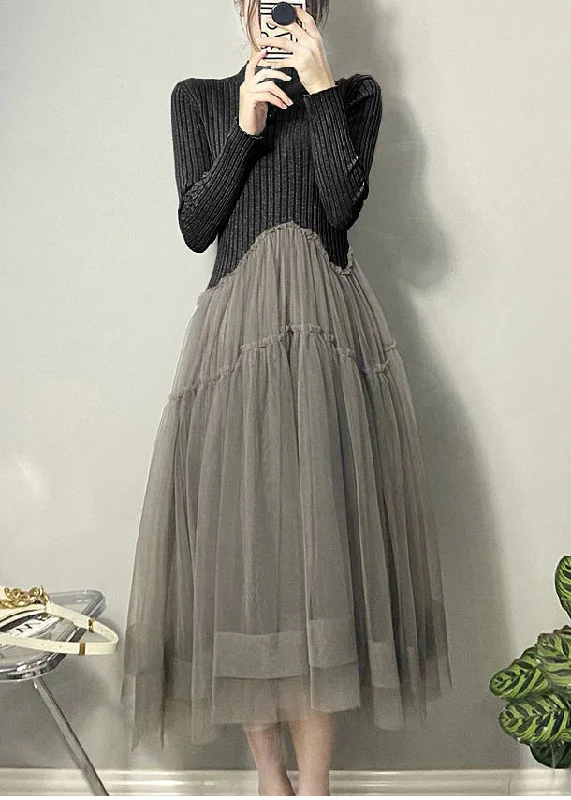 Modern Women's Outfit Chic Style Beautiful Black Asymmetrical Tulle Patchwork Long Dresses Fall