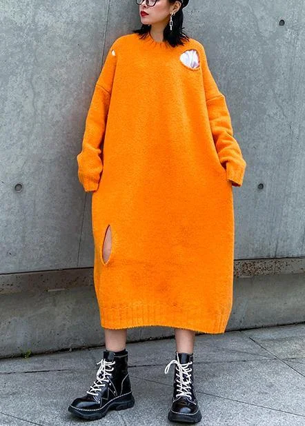 Women's Holiday Apparel Contemporary Elegance Winter orange Sweater knit dress Street Style o neck Hole Largo sweater dress