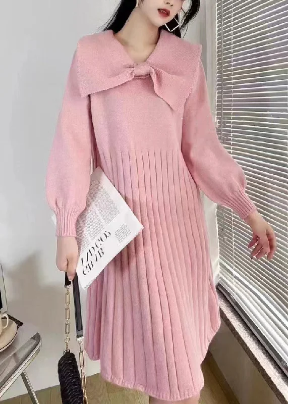 Stylish Women's Apparel Subtle Sophistication Elegant Pink Bow Wrinkled Knit Sweater Dress Winter