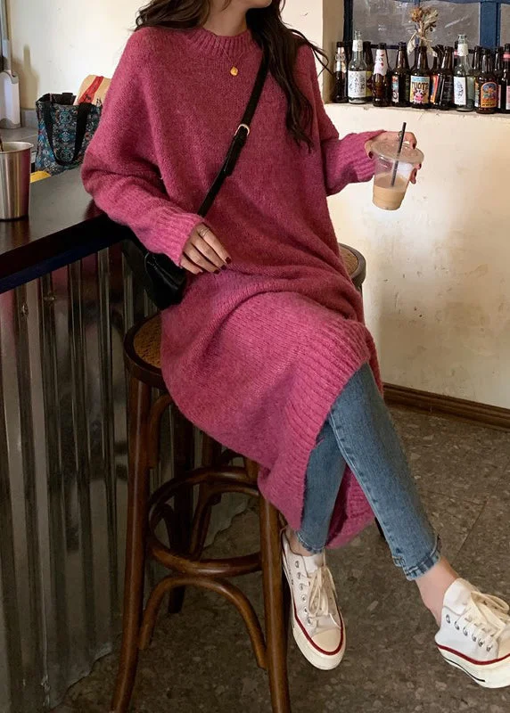 Women's Transitional Attire Floral Style Casual Rose O-Neck Thick Cozy Loose Knit Sweater Dress Winter