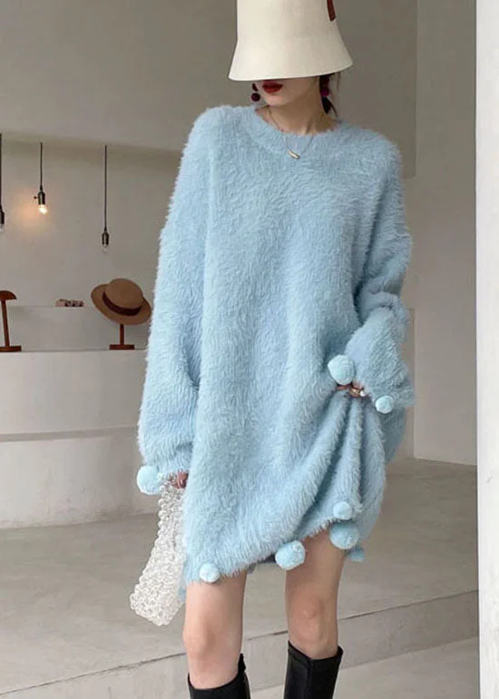 Stylish Clothes For Women Early Access To Art Deco Styles Sale Italian Blue O-Neck Mink Hair Knitted Dress Winter