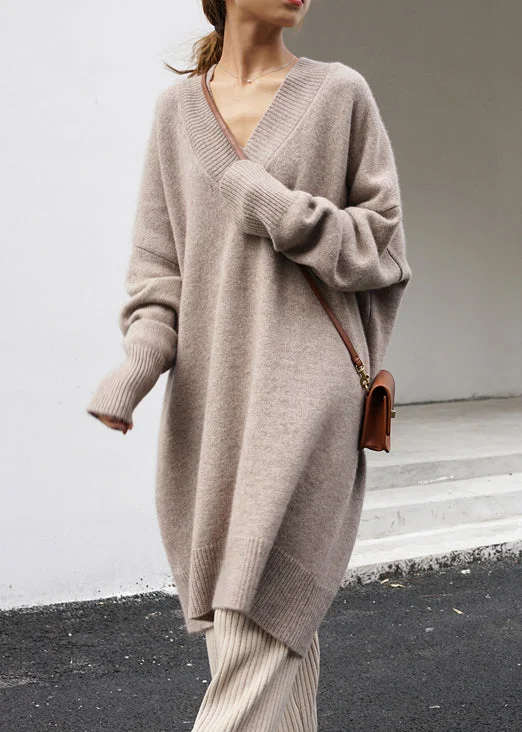 Women's Comfy Loungewear Outfit Sustainable Fashion Extravaganza Plus Size Khaki V Neck Oversized Knit Sweater Dress Spring