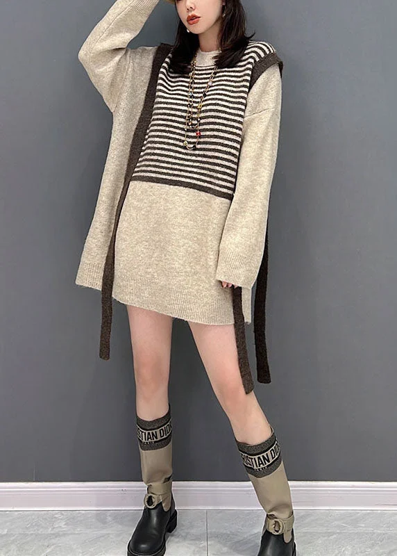 Classic Clothes For Women Budget-Friendly Fashion Handmade Khaki Patchwork Striped Knit Long Sweater Winter