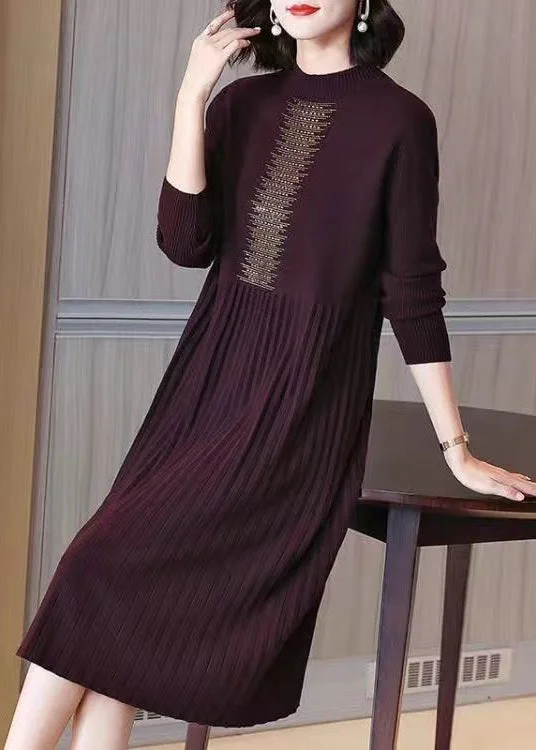 Women's Formal Clothes Discounts On Casual Weekend Styles Loose Wine Red Zircon Wrinkled Cotton Knit Dress Long Sleeve