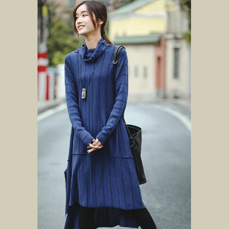 Stylish Women's Outfit Budget Friendly Elegant Blue High Neck Loose Fashion Sweater Dresses For Women