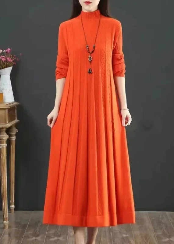 Women's Classic Attire Sophisticated Outfits Classy Orange Hign Neck Wrinkled Patchwork Knit Long Dress Winter