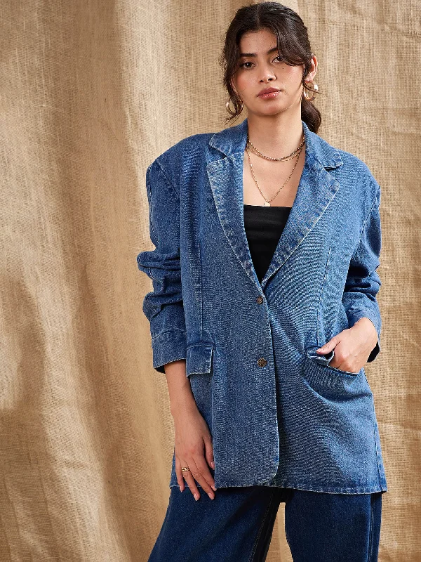 Women's Evening Clothes Disco - Inspired Retro Dance Look Women Blue Denim Washed Oversized Notch Collar Blazer