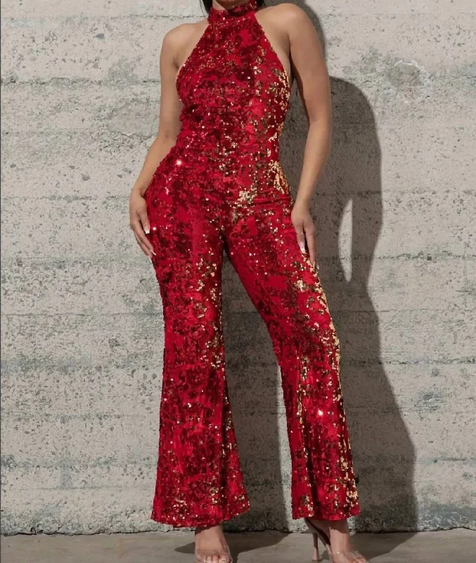 Women's Seasonal Wardrobe Clothing Refined Look Hot Chick Sequined Jumpsuit In Red