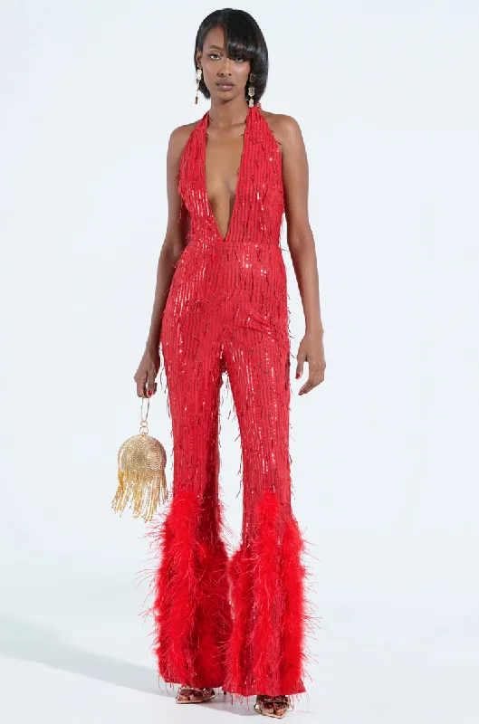 Women's Functional Outfit For Outdoor Activities Romantic Date - Night Ensemble SHE'S SO CANDID MESH FEATHER EMBELLISHED JUMPSUIT