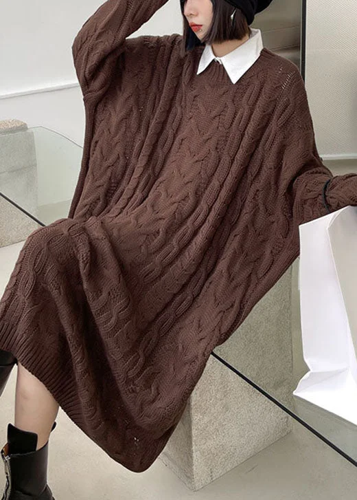 Women's Night-Out Outfit Pastel Styles Classy Coffee O-Neck Jacquard Casual Fall Sweater Dress