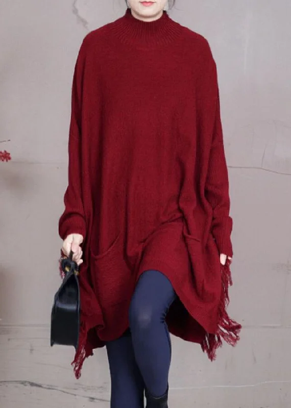 Women's Functional Outfit For Outdoor Activities Fast Fashion Favorites Loose Red Tasseled Pockets Knit Sweater Dress Spring