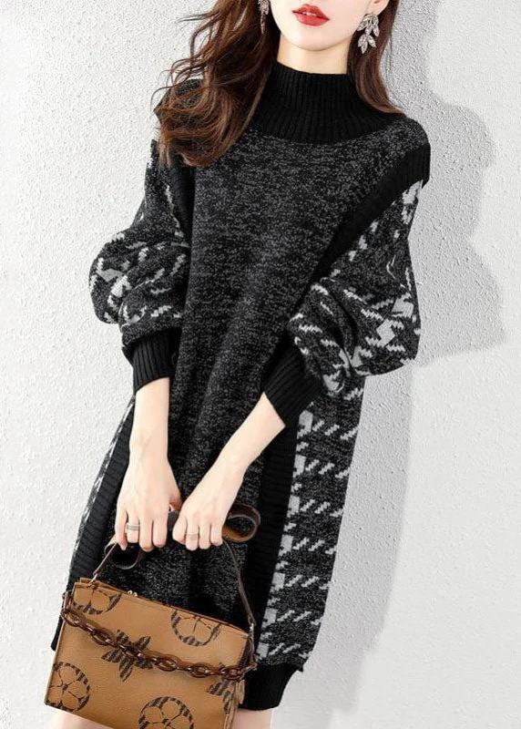 Women's Evening Apparel Romantic Detailing Women Black O-Neck Patchwork Knit Sweater Dress Winter